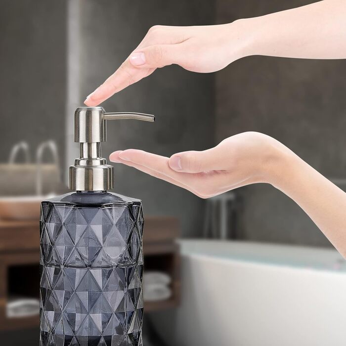 Дозатор для мила Ekirlin зі скла для кухні та ванної кімнати, 340 мл. З нержавіючою сталевою помпою, для мила, олій, шампуню. Колір: темно-сірий