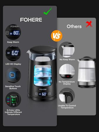 Electric Kettle with Temperature Control - 1.7L Glass Kettle with Keep Warm Function, 2200W Fast Boil, Auto Shut-Off & Dry Boil Protection, 5 Color LED Lights - Black