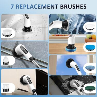 Електрична щітка для чищення, з акумулятором 3000mAh, 7 насадок, регульована ручка, IPX7 водонепроникність, 2 швидкості, для ванної кімнати, плитки, кремово-білий