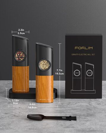 Електричний набір млинків для солі та перцю FORLIM з акумуляторною базою, автоматичний млинок з LED-підсвіткою, регульований помел, нержавіюча сталь, для кухні та барбекю, 2 шт., під дерево