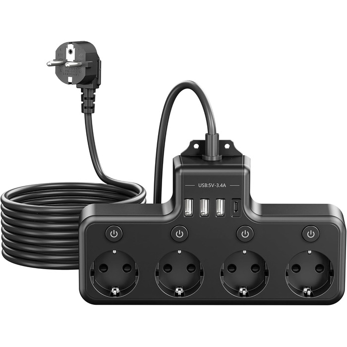 Багатофункціональна мережа з USB та вимикачем, 9 розеток, 2м кабель, кутова розетка, чорний колір, індивідуальне вмикання, для кухні та столу, монтаж на стіну