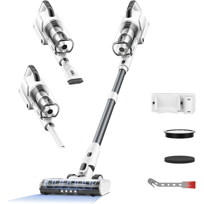 Бездротовий пилосос Klarpul 4800Pa з LED-дисплеєм та антизаплутувальною насадкою, 65 хвилин роботи, швидка зарядка 2 години, для твердих поверхонь та килимів, срібний