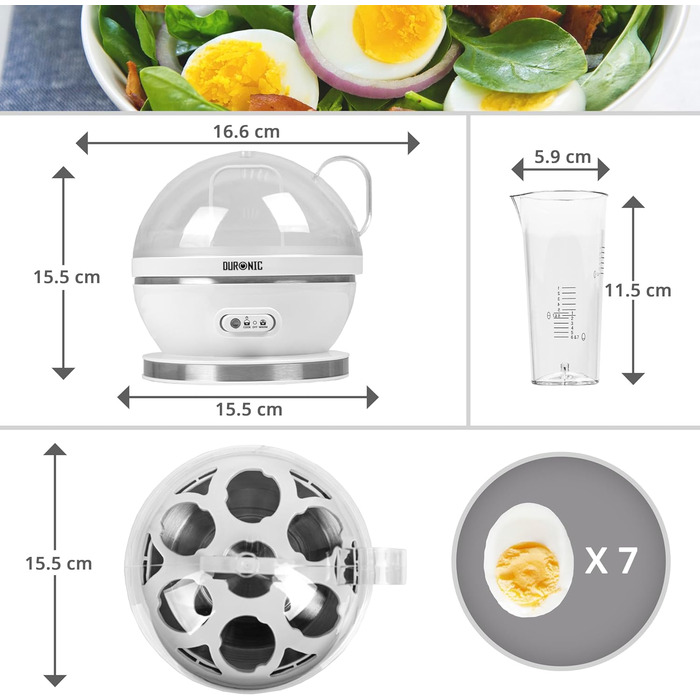 Електричний яйцеварка Duronic EB27 WE для 1-7 яєць з регулюванням ступеня готовності, таймером та захистом від перегріву, з мірним стаканчиком та знімачем яєць