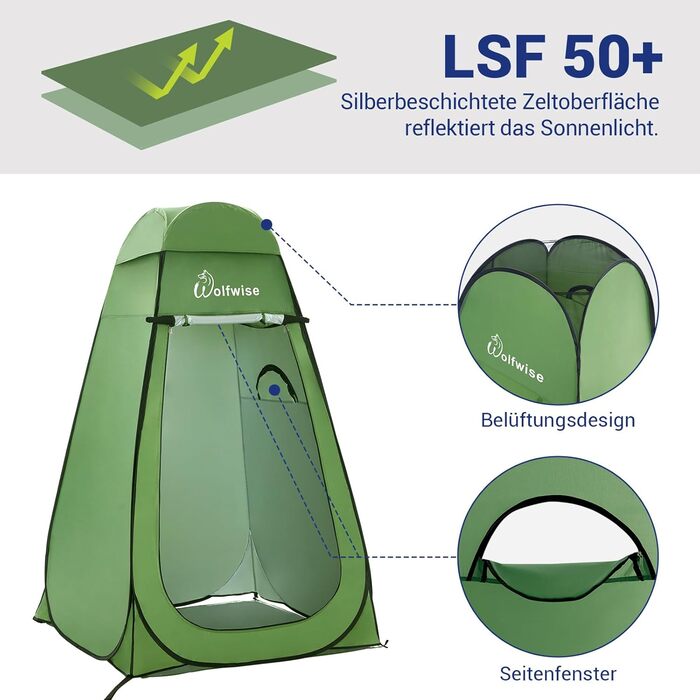 WolfWise Pop-Up Shower Tent with UV Protection - Portable Camping Toilet Tent, Changing Room, Outdoor Privacy Shelter - Green with Floor & Roof