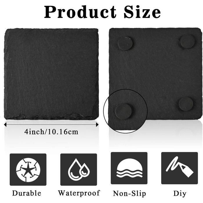 WEWINK PLUS Drink Coasters for Beverages, 4 Inch, Black Slate, Rustic Coaster with Scratch-Resistant Back, for Bar, Gifts, Crafts, Kitchen, Home Decoration, 12 Pieces