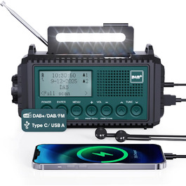 Радіоприймач Kurbelradio з DAB+/DAB/UKW, акумулятор 5000mAh, ліхтарик та світло для читання, FM, USB зарядка для телефону, динамо, SOS-сигнал, для кемпінгу та подорожей, Bluetooth, блакитний