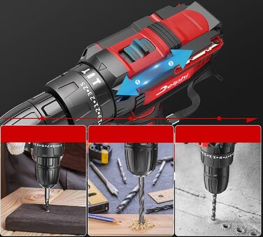 Акумуляторний шуруповерт DELPHI 20V: комплект з 2 акумуляторами, 50Nm, 2 швидкості, 25 ступенів моменту, LED-ліхтар, 34 аксесуари в кейсі для DIY-проєктів