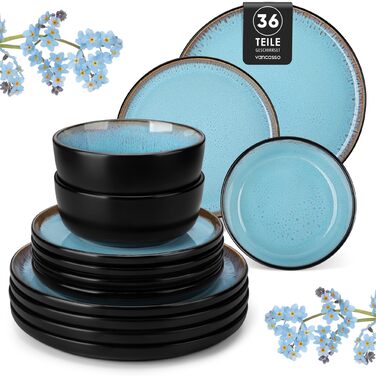 Набір мисок Vancasso (36 шт.) для сім'ї: 6 мисок з кераміки (840 мл), салати, супи, десерти. Безпечно в мікрохвильовці та посудомийній машині (Морська блакить)