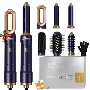 UKLISS Airstyler 6 в 1: Фен-щітка, стайлер для волосся з автоматичною завивкою, Pro Blue