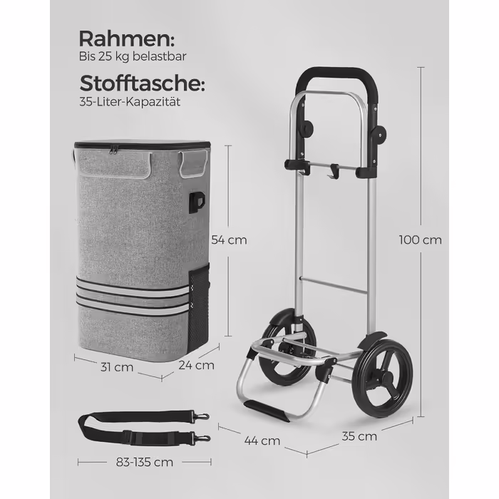 SONGMICS Shopping Trolley, Trolley, Shopping Cart with Cooler Compartment, Large, 35 Liters, Foldable, Shopping Bag with Wheels, Detachable Bag, Gray KST02GY