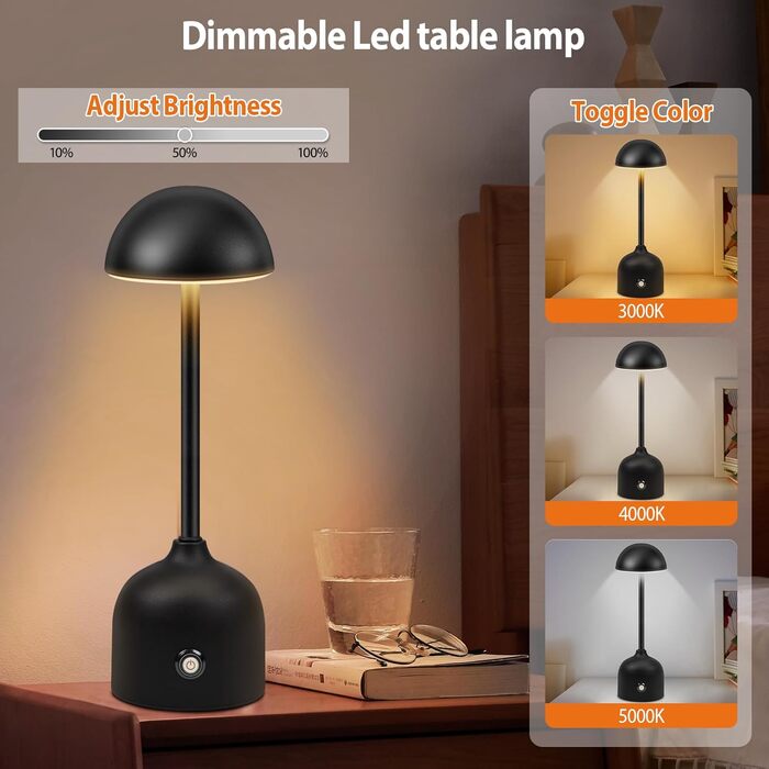 LED настільна лампа бездротова диммерна акумуляторна торшер Touch 3000k/4000k/5000k, 4500mAh, чорна, для дому, бару, готелю, вітальні, їдальні, USB, 1 шт.