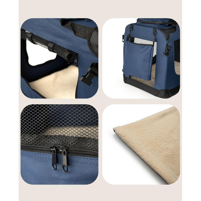 Транспортна переноска для собак та котів Lionto, 50x34x36 см, складана, з ручками та ковдрою, до 10 кг, темно-синя