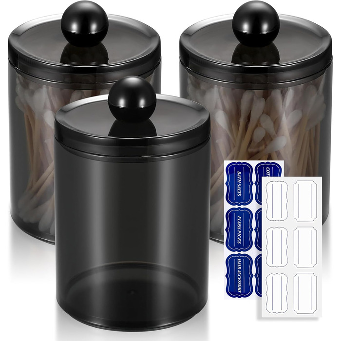 Організатор для косметики Gaomoeny, 3 шт. скляні аптечки для ватних паличок, бавовняних дисків, зубної нитки, косметичних спонжів, шпильок для волосся, чорний колір