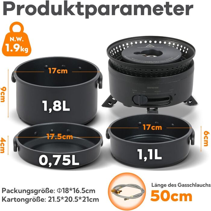 Набір кухонного посуду для кемпінгу на 2-4 особи: електричний та газовий котел 700W/2200W, посуд для кемпінгу, трекінгу, дому та вулиці (1 каструля + 2 сковорідки)