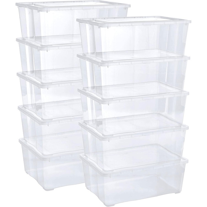 Storage boxes 10 x 10 L with lid transparent - Clear stacking boxes with ventilation