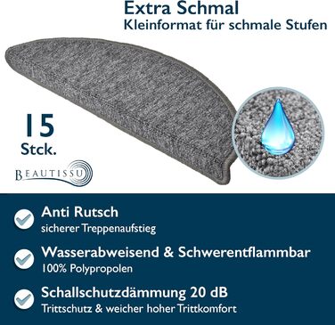 Килимок на сходи Beautissu ProStair 55x15 см (15 шт.) - сірий, самоклеючий, для вузьких сходів