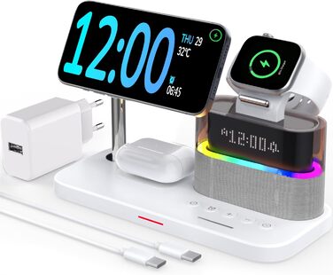 Багатофункціональна бездротова зарядка 5 в 1 з годинником для Apple iPhone, Apple Watch, AirPods (біла)