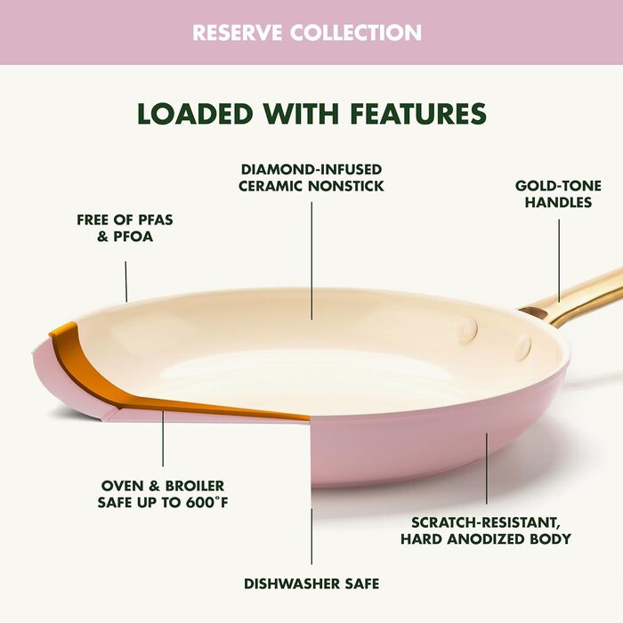 GreenPan Reserve Hard Anodized Healthy Ceramic Non-Stick Cookware Set, 10 Pieces, Including Frypans, Sauté Pan, and Saucepan, Gold Handle, PFAS-Free, Induction, Oven-Safe, Rosy Red 10-Piece Cookware Set Light Pink
