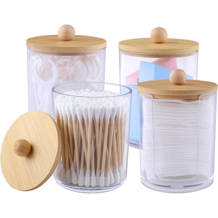 Організатор для ватних дисків та паличок: прозорий контейнер з бамбуковою кришкою (4 шт.)