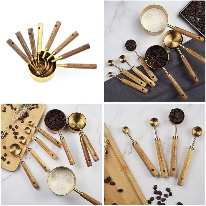 8-Piece Stainless Steel Baking Tool Set, Measuring Cups, Measuring Spoons, Wooden Handle, Kitchen Utensils for Coffee Powder