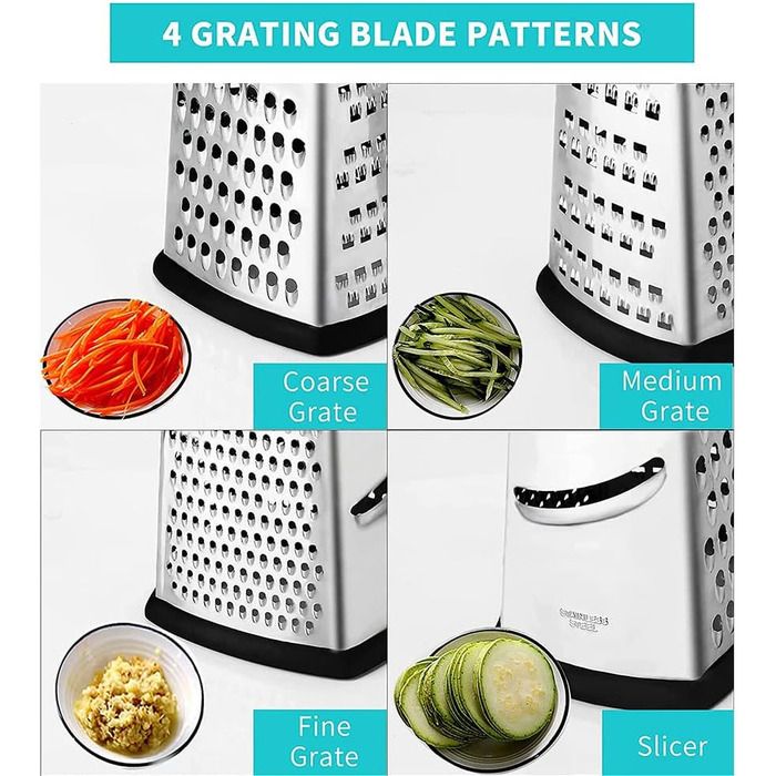 Нержавійна тертка з 4 сторонами для кухні: грубе та дрібне тертя, для овочів, фруктів, сиру, придатна для миття в посудомийній машині (чорний)