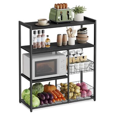 Стелаж кухонний VASAGLE з 2 металевими кошиками, з гачками та полицями, для мікрохвильової печі, 35 x 80 x 93,5 см, золотий дуб + білий (KKS096W09)