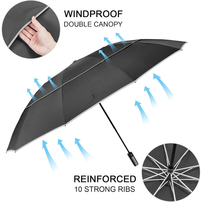 Чорний парасолька G4Free 62 дюймів (157 см) - великий, складний, вітростійкий, автоматичний, з подвійним куполом, 10 ребер