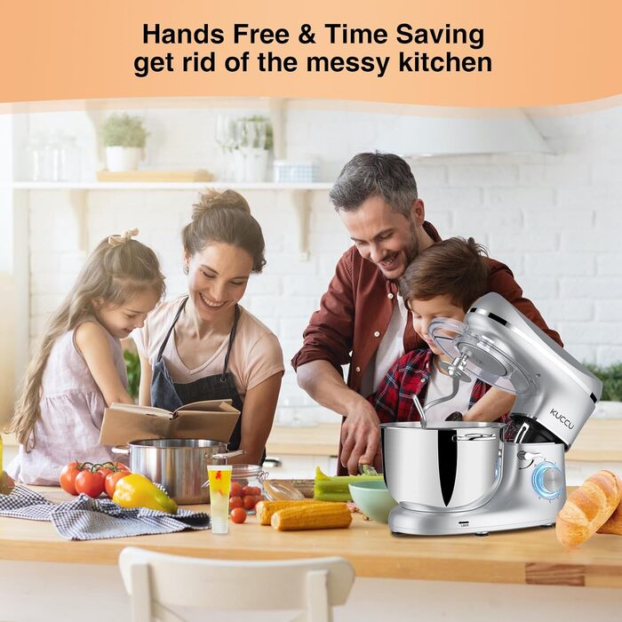 Кухонний комбайн-міксер 1500W з чашею з нержавіючої сталі 7л, планетарний міксер для тіста з 6 швидкостями та набором насадок (гак, вінчик, міксер), сріблястий