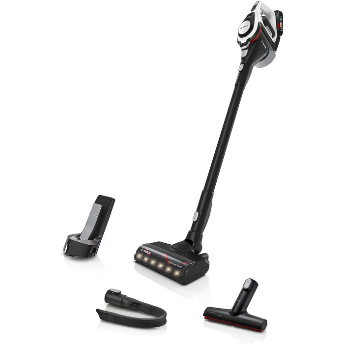 Bosch Unlimited Gen2 Series 8 Cordless Vacuum Cleaner BKS8214W, bagless, up to 45 minutes runtime, interchangeable battery, LED lighting, automatic adjustment to all floor types, XXL upholstery nozzle, white
