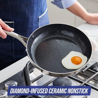 Набір посуду Blue Diamond Stainless Clad Pro 10 предметів: нержавіюча сталь, з домішками алмазу, антипригарне покриття, без PFOA, для духовки, можна мити в посудомийній машині, сріблястого кольору (сковорідки 24 та 28 см)