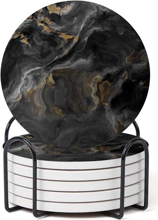 Set of 6 abstract dark blue marble coasters with holder, absorbent ceramic coasters for drinks, coasters with cork backing for table protection, housewarming gifts (Abstract Black Marble)