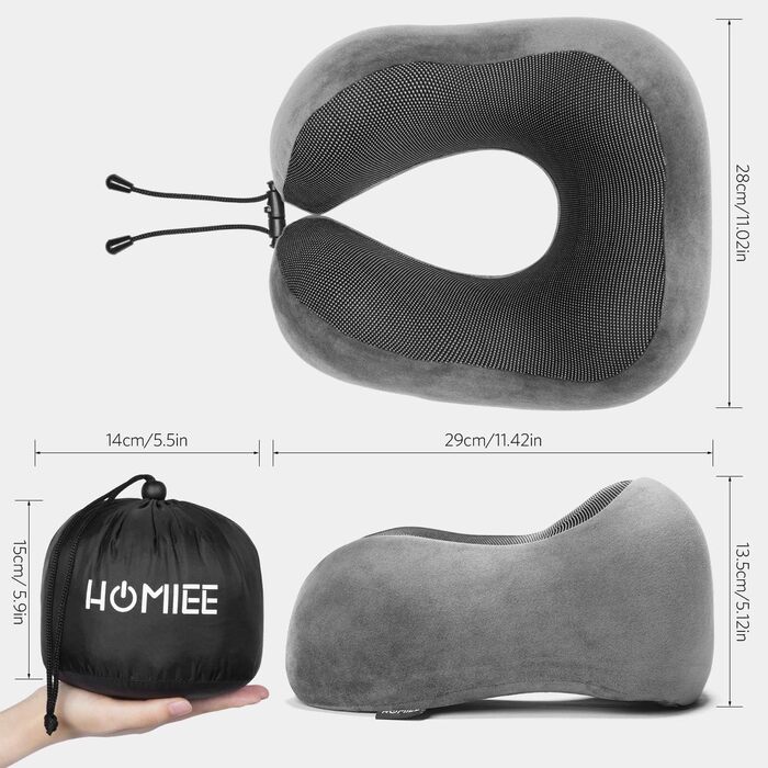 Подушка для шиї Homiee для подорожей: зручна, ергономічна, з memory foam, для автомобіля, літака, доросла (сіра)