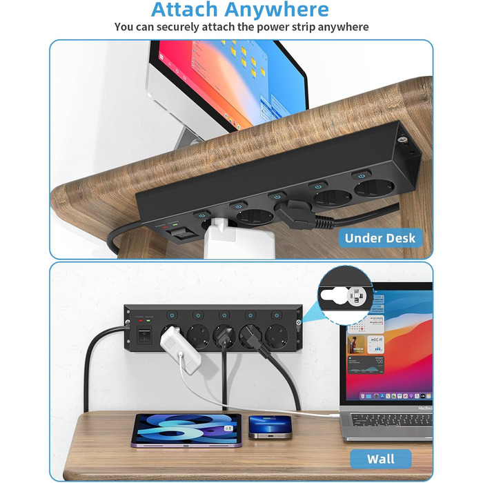 Мережевий фільтр Steckdoseleiste 5-fach з вимикачами, захистом від перенапруги 1050J, для дому та офісу, 2м кабель (чорний)