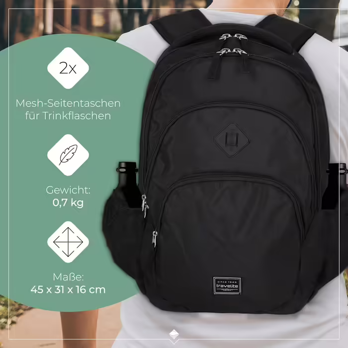 Рюкзак для ручної поклажі Travelite BASICS 22 л, 15,6'' для ноутбука, чорний, міський деньпак з багатьма відділеннями, 45 см