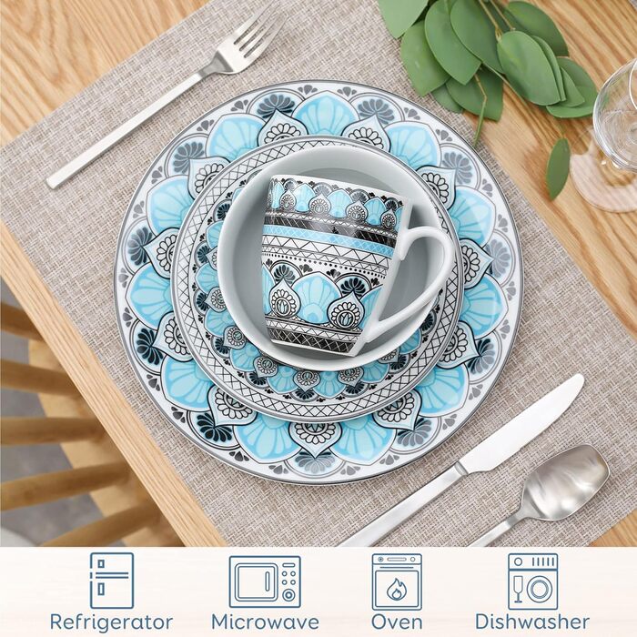 Набір посуду VEWEET на 4 особи, 16 предметів: порцеляновий сервіз з тарілками, мисками та чашками, сумісний з мийкою та мікрохвильовкою, серія Audrie