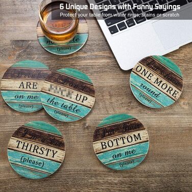Drink coasters, absorbent, Esur fun ceramic coaster set of 6 with metal holder, rustic cork bottom table protector, farmhouse style bar, home decor, housewarming gift