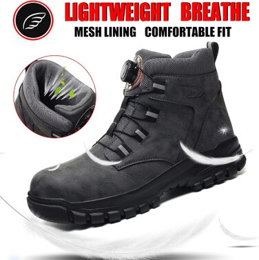 Черевики безпеки унісекс легкі водонепроникні робочі черевики зі сталевим підноском. Робочі черевики з антиковзким покриттям (46 EU, Сірий)