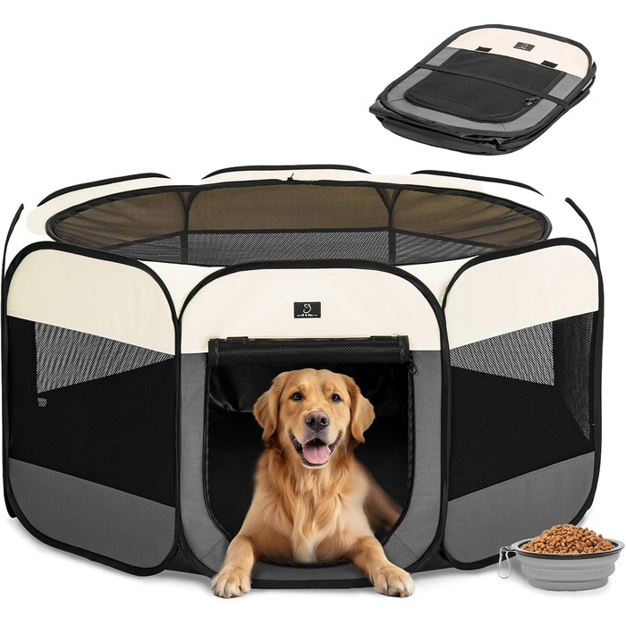 Клітка-вигул для цуценят та тварин 4 Pet, розкладний вольєр для собак та котів, для дому, з блискавкою, портативний, M, блакитно-білий (L з мискою, темно-сірий та бежевий)