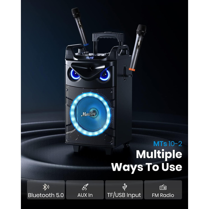 Moukey MK3016 – Караоке система з вокером 26см та твітером 8см, 2 мікрофони, Bluetooth, світлові ефекти, AUX/USB/TF/FM, TWS