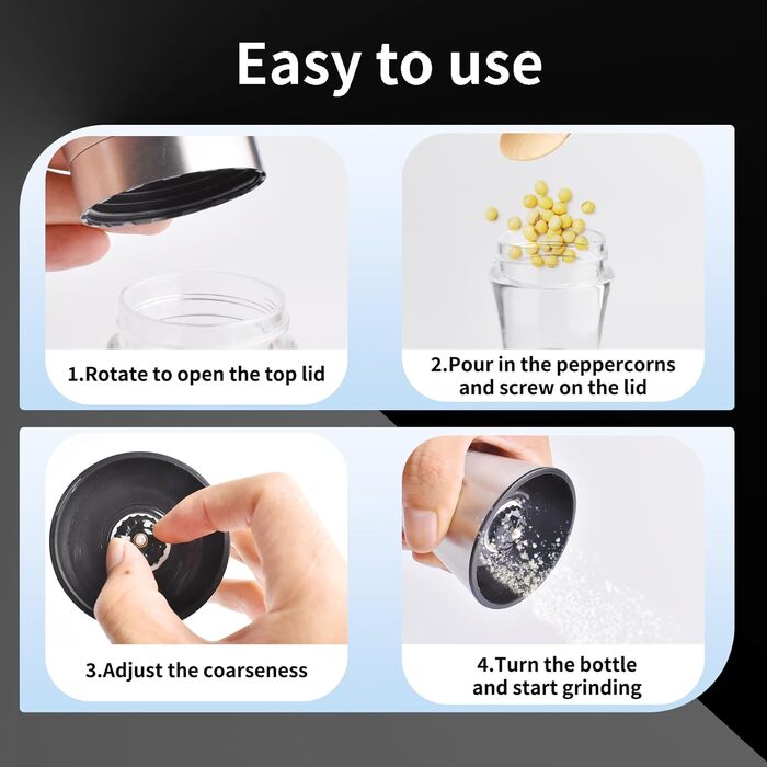 Мельниця для солі та перцю 2-в-1 Cyiecw, ручна, з регульованою керамічною млиночкою, з можливістю поповнення, нержавіюча сталь, срібна