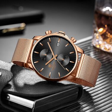 Годинник чоловічий GOLDEN HOUR: стильний, мінімалістичний кварцовий хронограф з металевим браслетом, водостійкий (рожеве золото, чорний)