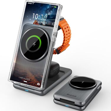 Магнітна зарядна станція 3-в-1 для Samsung Galaxy S25 Ultra/S24 з MagSafe, зарядка для годинників Galaxy Watch Ultra/8/7/6, бездротовий зарядний пристрій для подорожей (сріблястий)