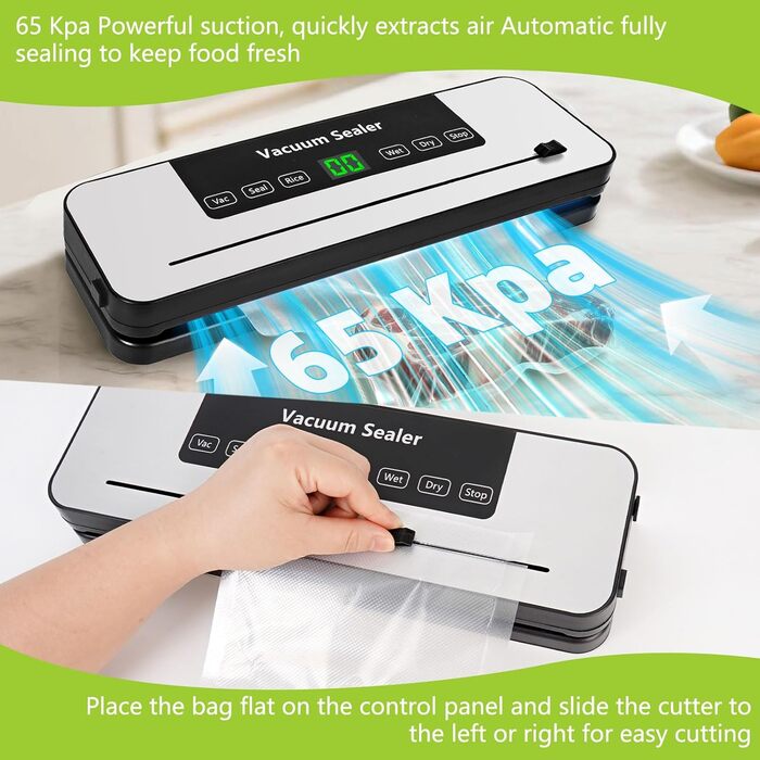Вакуумний пакувальник Vakuumiergerät Profi з LED-дисплеєм, 50 пакетів, вбудований різак, функції 'Волого/Сухо', для кухні та їдальні