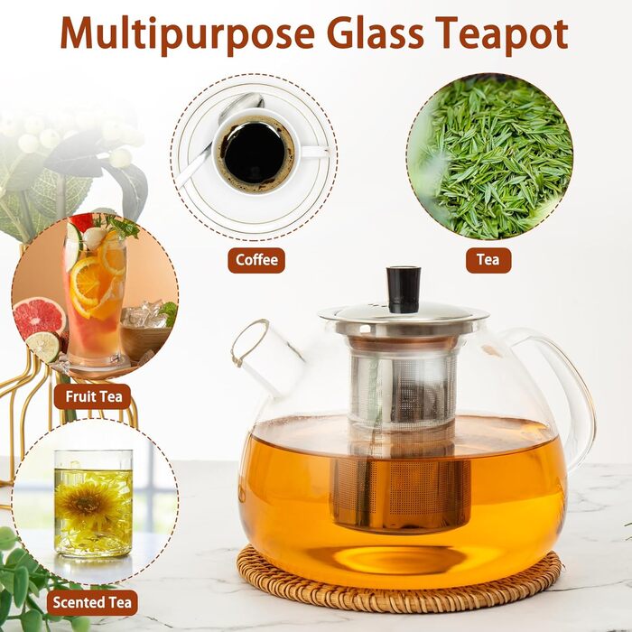 Скляна чайник HEMOLY 1,5 л з ситечком та підставкою для чаю, чайник зі скла, чайник для чаю