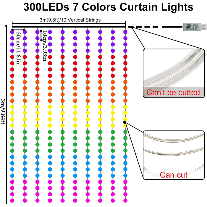 Льодогенератор Yizhet 3x3м LED, 300 LED, тепле біле світло, 8 режимів, IP65, для декору вечірки, шлюбу, Різдва, тераси