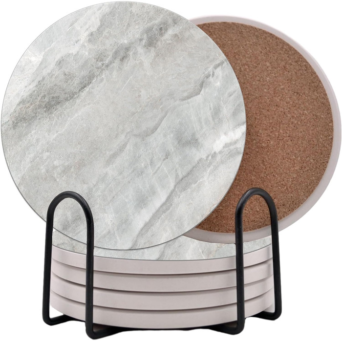 Aqua Blue Teal Marble Coasters Set of 6 - Absorbent Ceramic Coasters with Metal Stand for Drinks, Coffee, Non-Slip Cork Back for Table Protection, 10.2 cm Marble Pattern (Blue-Green) (Gray)