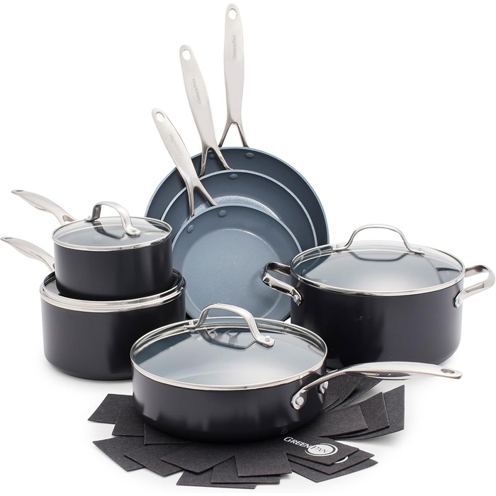 GreenPan Valencia Pro Thermolon Healthy Ceramic Non-Stick 11-Piece Cookware Set, Pots and Pans, PFAS-Free, Including Frypans, Saute Pans, Induction, Dishwasher Safe, Oven Safe, Grey Cookware Set 11-Piece