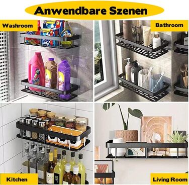 Полка для душу без свердління, 2 шт. Алюмінієва полиця для душу, нержавіюча сталь, кошик для душу з 6 клейкими поверхнями та 4 гачками, чорний колір. Підходить для ванної кімнати, кухні.