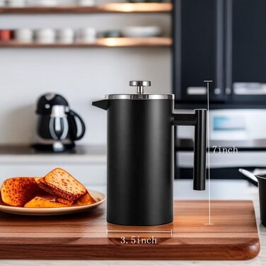 French Press Thermo with Keep-Warm Function, Coffee Maker made of double-walled stainless steel 0.65l, Replacement Filter I Coffee Press also for Home (Black, 650ml)