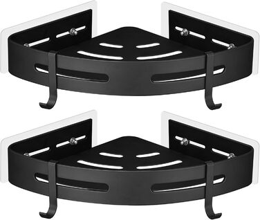 GRICOL Shower Caddy Corner Shelf Shower Shelf No Drilling Metal with 4 Hooks Shower Storage Bathroom Shelf with Sticker Bathroom Shelf for Bathroom and Kitchen 2 Tiers Black
